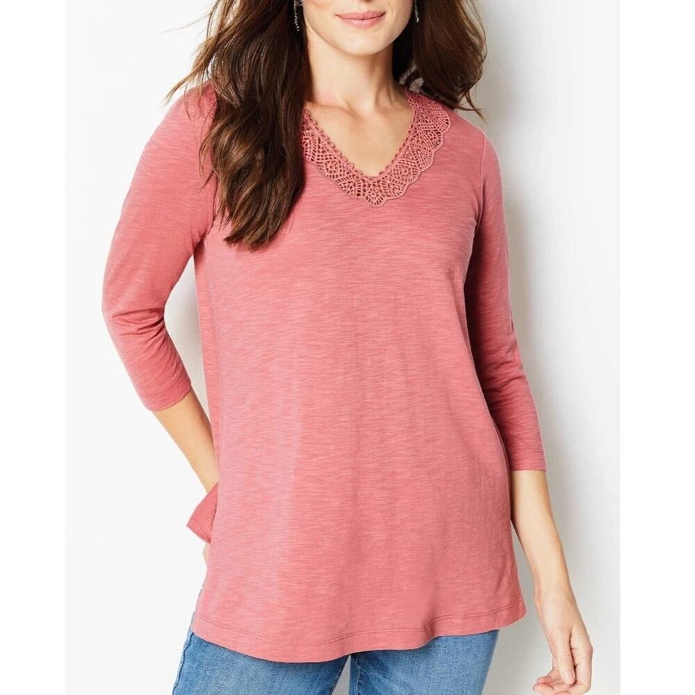 J. Jill Lace-Trimmed V-Neck Tunic Womens XL Tall Sunset Pink Lacy Knit Top XLT